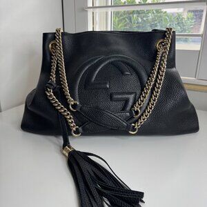 Authentic Gucci Soho Black Leather Double Chain Shoulder Bag Tote Black Gold